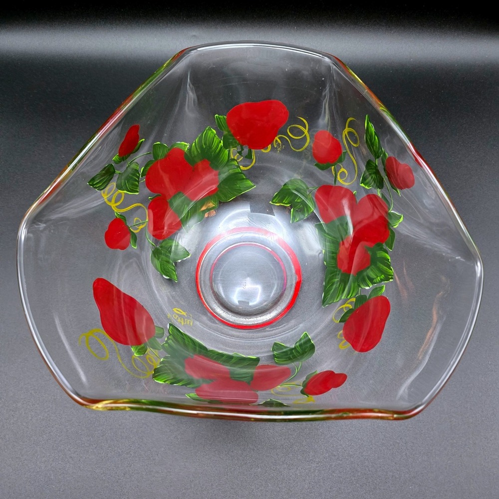 Hand Painted Strawberry Glass Serving Salad Bowl Triangular Ruffled‎ Clear Red